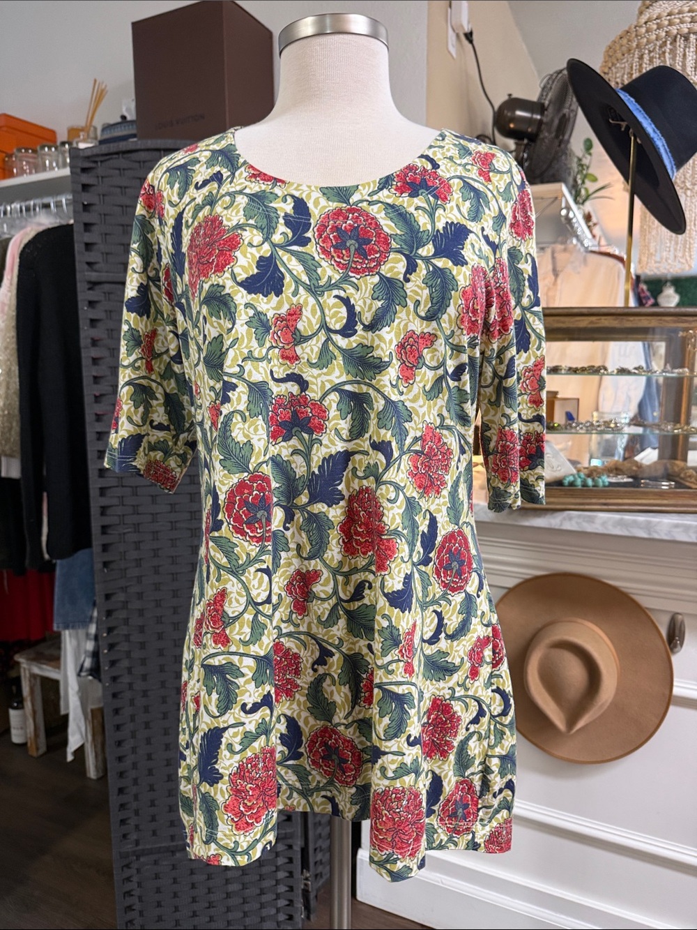 Peruvian Connection Pima Cotton Flora Print Quarter Sleeve Tunic Top Large - Picture 2 of 9